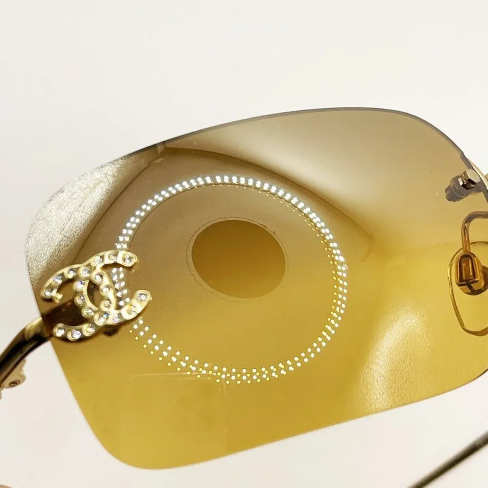 Chanel Vintage Sunglasses Rhinestone CC Logo Rimless Gradient Gold Tint - Picture 9 of 10
